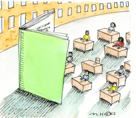 drawing of students in a classroom looking at a giant book